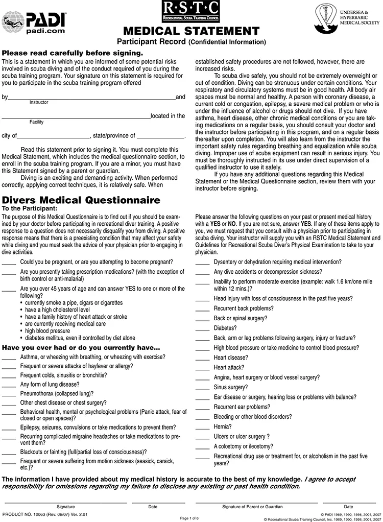 PADI Medical Questionnaire